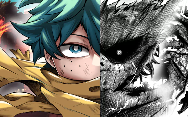 Izuku Midoriya from My Hero Academia is featured in this HD desktop wallpaper, showcasing his determined expression alongside a powerful villain, creating a striking contrast.
