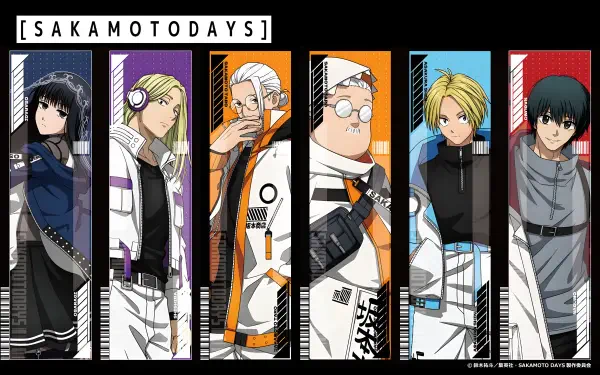 A vibrant 4K Ultra HD PC desktop wallpaper featuring six characters from the anime Sakamoto Days, each showcased in distinct color panels with dynamic poses.