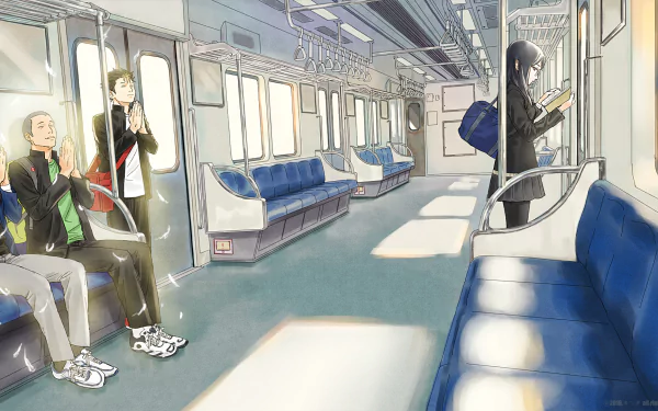 HD desktop wallpaper featuring a scene from the anime Haikyū!!, showing characters in a serene and sunlit train interior. Two characters are seated, another is standing and reading a book.