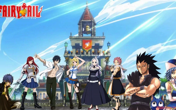 HD desktop wallpaper featuring characters Mirajane Strauss, Gajeel Redfox, Juvia Lockser, Jellal Fernandes, Gray Fullbuster, Erza Scarlet, Natsu Dragneel, Lucy Heartfilia from the anime Fairy Tail.