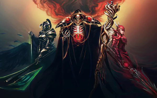 HD desktop wallpaper featuring Albedo, Shalltear Bloodfallen, and Ainz Ooal Gown from the anime Overlord, standing in a dynamic pose with vibrant background colors.