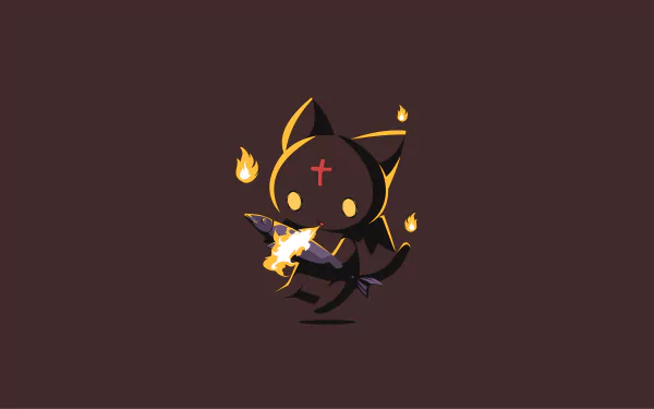 HD desktop wallpaper featuring Chomusuke from the anime “KonoSuba: God’s blessing on this wonderful world!!”, depicted as a black cat-like creature with small flames surrounding it on a dark brown background.