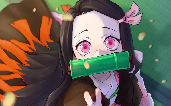 HD desktop wallpaper featuring Nezuko Kamado from the anime Demon Slayer: Kimetsu no Yaiba, showcasing her vibrant pink eyes and a bamboo muzzle with a soft, glowing background.