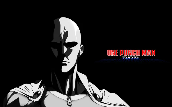 HD desktop wallpaper featuring Saitama from the anime One-Punch Man, showcasing a bold, minimalist design with Saitama's determined expression against a dark background and the title One Punch Man in the corner.