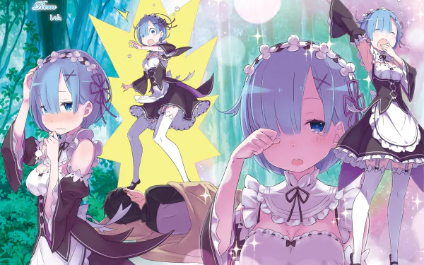 Anime HD desktop wallpaper featuring Rem from Re:Zero - Starting Life in Another World with various expressions and actions. She has blue hair, blue eyes, and is dressed in a maid outfit.