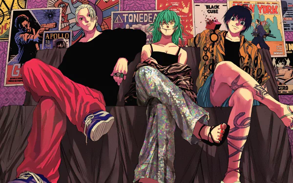 HD PC desktop wallpaper featuring three characters from the anime and manga Sakamoto Days, sitting casually in front of a wall covered with vibrant posters.