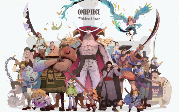 4K Ultra HD Anime wallpaper featuring the Whitebeard Pirates from One Piece, showcasing detailed characters in dynamic poses against a clean background.