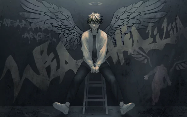 HD desktop wallpaper featuring Kazutora Hanemiya from the anime Tokyo Revengers, sitting on a stool with graffiti in the background and angel wings drawn on the wall.