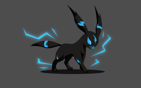 Minimalist HD desktop wallpaper of Umbreon, a Pokémon from the anime series, featuring a dark silhouette with blue accents on a grey background.