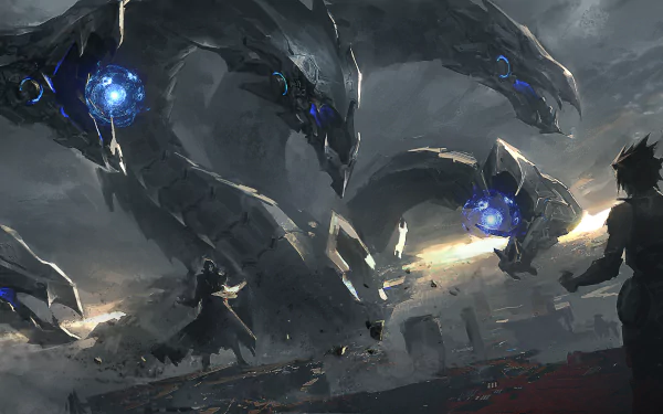 A dynamic 4K Ultra HD wallpaper featuring a dramatic scene from Yu-Gi-Oh!, showcasing towering mechanical dragons against a dark, stormy backdrop.