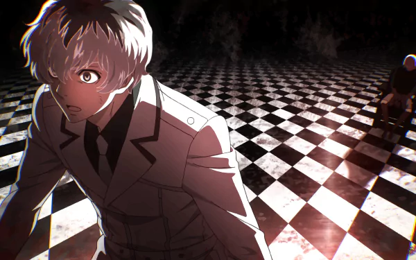HD wallpaper of the anime Tokyo Ghoul:re featuring Ken Kaneki/Haise Sasaki with grey eyes and two-toned white hair, standing on a checkered floor with a dark, eerie background.