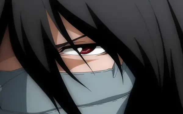 Close-up 4K Ultra HD anime wallpaper featuring Ichigo Kurosaki from Bleach with intense red eyes and black hair partially covering his face.
