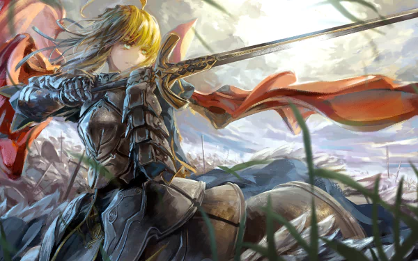 HD wallpaper featuring Saber from Fate/Stay Night, a blonde woman warrior in armor, wielding a sword, set against a dynamic battlefield background.