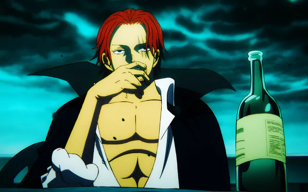 Shanks from One Piece depicted in an 8K Ultra HD anime-style wallpaper, featuring his signature red hair and open shirt with a bottle in the foreground.