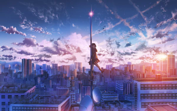 Anime character leaping over a sunlit cityscape at dusk, set against a dramatic sky in a high-definition desktop wallpaper.