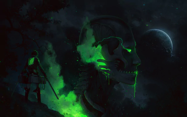 HD desktop wallpaper featuring Eren Yeager from Attack on Titan, standing with a weapon, glowing green eyes, and a large titan skull in a dark, night setting. The image has a dark anime aesthetic.