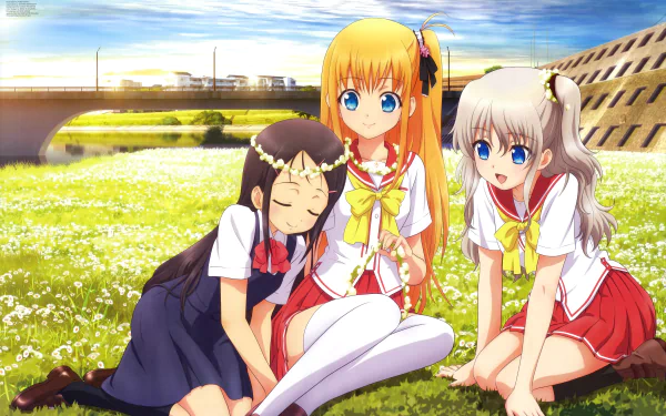 HD desktop wallpaper featuring characters from Charlotte (Anime) – Ayumi Otosaka, Yusa Nishimori, and Nao Tomori – in school uniforms with brown, blonde, and white hair respectively, sitting on a grassy field.