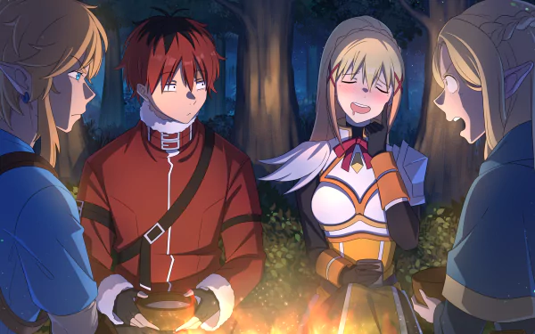 Anime crossover HD wallpaper featuring Stark from Frieren: Beyond Journey's End and Darkness from KonoSuba, along with characters by Marcille Donato, gathered around a campfire.