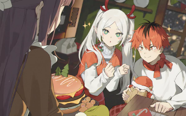 Anime-inspired HD wallpaper featuring Frieren and Stark from Frieren: Beyond Journey's End, celebrating with festive food and holiday cheer.