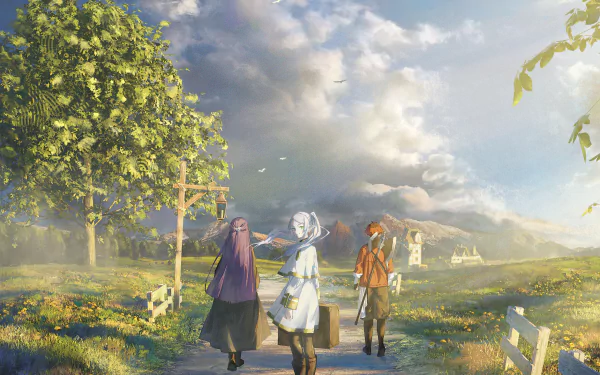 HD anime desktop wallpaper featuring Frieren, Fern, and Stark from Frieren: Beyond Journey's End walking along a sunlit countryside path under a cloudy sky.