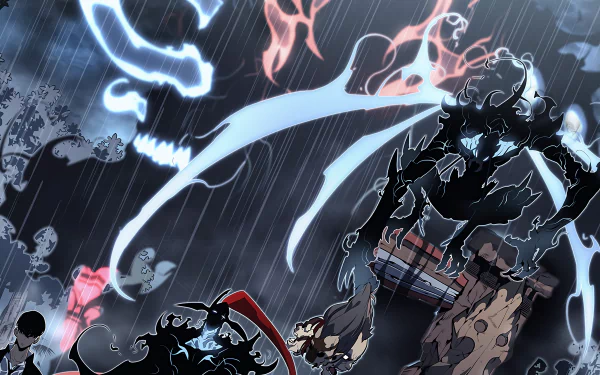 HD desktop wallpaper featuring characters Beru, Igris, and Sung Jin-Woo from Solo Leveling, with an intense anime battle scene under stormy skies.