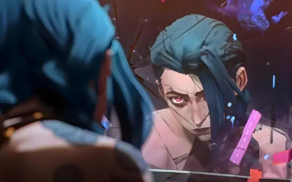 4K Ultra HD anime-style wallpaper featuring Jinx from Arcane and League of Legends, with intense colors and a reflective, dramatic atmosphere.