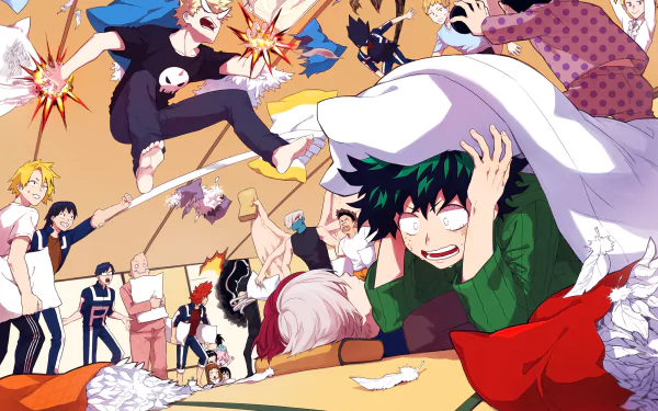 HD desktop wallpaper featuring characters from the anime My Hero Academia in a lively scene with various expressions and actions.