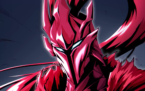 HD anime desktop wallpaper featuring Igris from Solo Leveling in striking red armor with glowing blue eyes against a dark background.