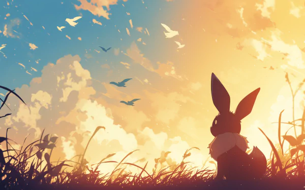 A serene HD wallpaper featuring Eevee, silhouetted against a vibrant sunset, with birds flying across a colorful sky and lush grass in the foreground.