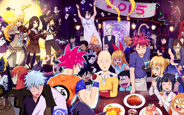 A vibrant HD wallpaper featuring a lively crossover of anime characters enjoying a festive gathering. The colorful background depicts various iconic figures interacting in a celebratory atmosphere.