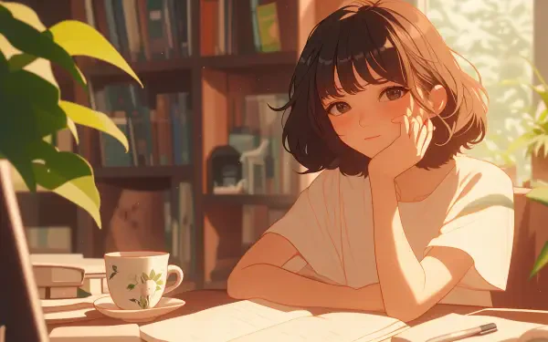 A lofi anime girl with short brown hair studies at a desk surrounded by books and a teacup, bathed in warm sunlight, captured in 4K Ultra HD.