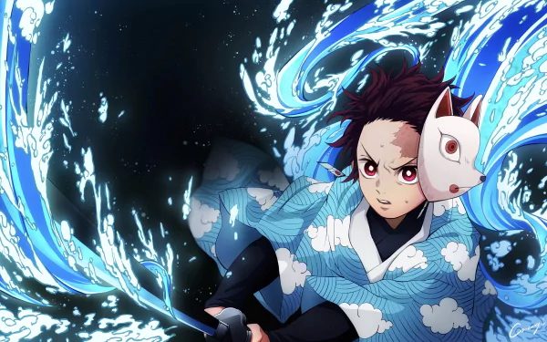 A vibrant 4K Ultra HD image of Tanjiro Kamado from the anime series Demon Slayer: Kimetsu no Yaiba, showcasing his determined expression and dynamic water-based attack.
