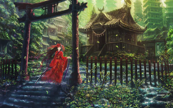 An anime-style HD wallpaper of a serene temple surrounded by lush greenery. A figure in a red robe stands on stone steps leading to the temple. The image depicts a tranquil and enchanting atmosphere.