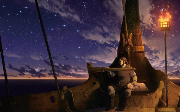 HD anime desktop wallpaper from Vinland Saga, depicting a character resting on a wooden ship under a starry night sky with a lit torch nearby.