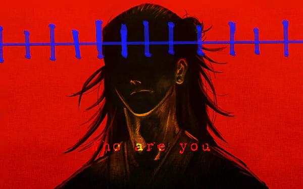 4K Ultra HD anime wallpaper featuring a dark silhouette of Suguru Geto and Kenjaku from Jujutsu Kaisen against a red background with blue stitches and text who are you.