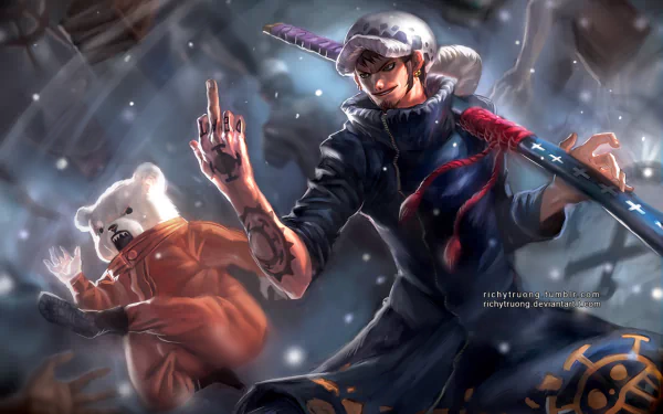 HD desktop wallpaper featuring Trafalgar Law with a katana and hat, and Bepo from One Piece. Law has brown hair, a tattoo, and is in an action pose. Bepo, the bear, is dressed in an orange jumpsuit.