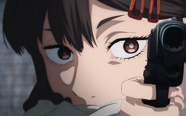 HD PC desktop wallpaper featuring a close-up of a Chainsaw Man anime character aiming a gun with intense focus.