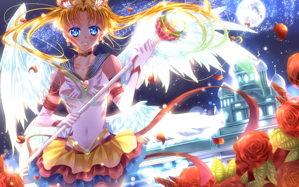 Anime image of Usagi Tsukino from Sailor Moon, featuring her with long blonde hair, blue eyes, wings, and a staff, dressed in a skirt. Background includes a scenic night view with roses and a moonlit sky.