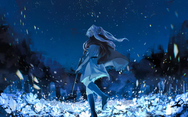 A captivating HD wallpaper from Frieren: Beyond Journey's End, featuring a solitary figure amidst glowing flowers under a starry night sky, evoking a sense of adventure and nostalgia.