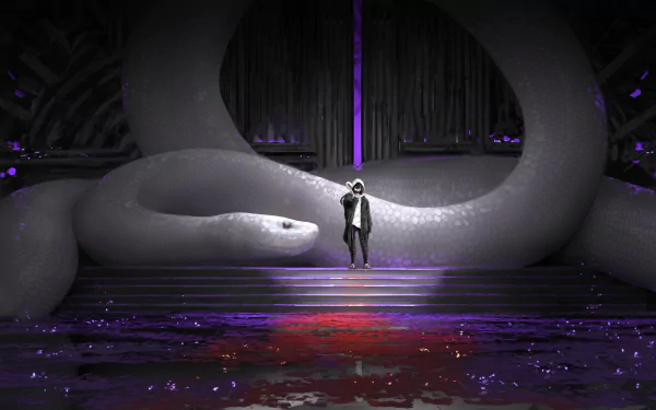 A striking 8K Ultra HD wallpaper featuring Obanai Iguro from Demon Slayer: Kimetsu no Yaiba, standing confidently before a massive serpent in a dramatic setting.