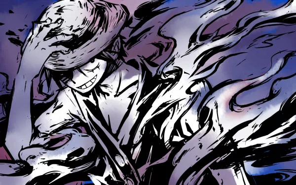 A vibrant HD wallpaper featuring Monkey D. Luffy from the anime One Piece, wearing a straw hat with dynamic black and white strokes against a colorful background.