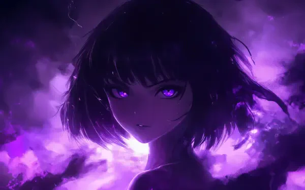 A striking anime girl with short black hair and captivating purple eyes emerges from a swirling purple background, creating an enchanting 4K Ultra HD wallpaper.