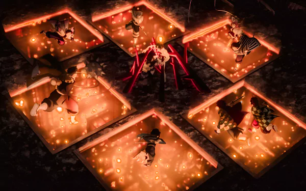 4K Ultra HD Anime wallpaper from Demon Slayer: Kimetsu no Yaiba - Hashira Training Arc, depicting characters training inside glowing square fire pits at night.
