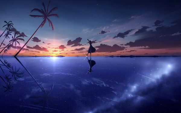 An anime-style HD wallpaper featuring a tranquil sunset over the sea, with palm trees silhouetted against the colorful sky and a solitary figure standing on the water.