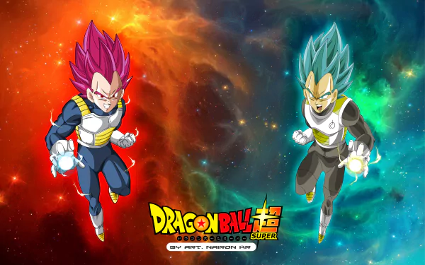 HD desktop wallpaper of Vegeta in Super Saiyan God and Super Saiyan Blue forms, from Dragon Ball Super. The background features vibrant red and blue cosmic colors, highlighting the anime's dynamic style.