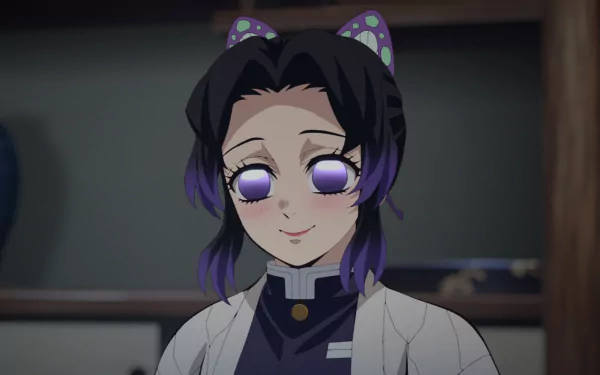 HD anime desktop wallpaper featuring Shinobu Kochou from Demon Slayer: Kimetsu no Yaiba with her signature butterfly hair accessory and calm expression.