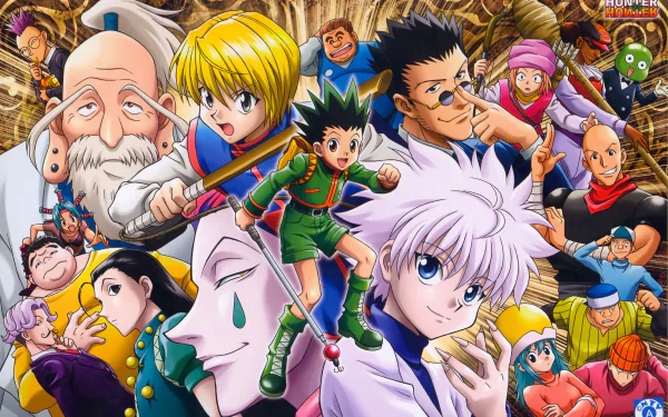 HD desktop wallpaper of Hunter x Hunter featuring Gon Freecss, Killua Zoldyck, Leorio Paradinight, and Kurapika with other characters.