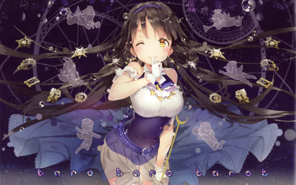 A vibrant HD anime wallpaper featuring an original character with long hair, playfully holding a finger to her lips against a dark, starry background adorned with mystical symbols.