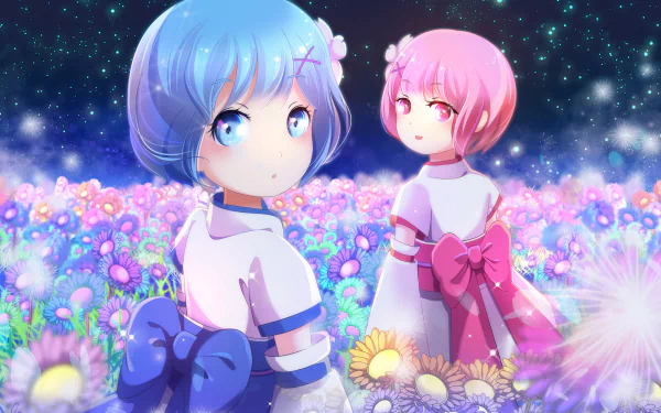A high-definition desktop wallpaper featuring Ram and Rem from Re:Zero - Starting Life in Another World standing in a vibrant flower field under a starry night sky. Both have short hair and large, expressive eyes.