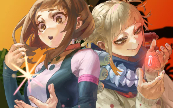 Anime HD desktop wallpaper featuring Himiko Toga and Ochaco Uraraka from My Hero Academia, showcasing dynamic poses and vibrant colors.